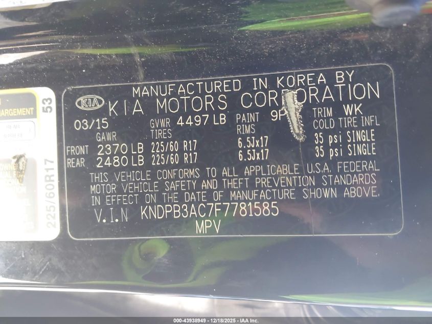 2015 Kia Sportage Lx VIN: KNDPB3AC7F7781585 Lot: 43938949