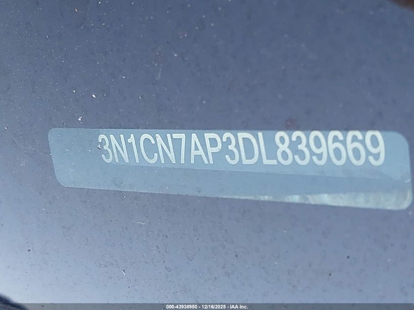 2013 Nissan Versa 1.6 Sv VIN: 3N1CN7AP3DL839669 Lot: 43938950