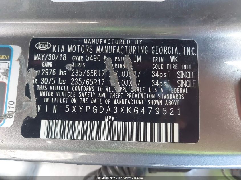 2019 Kia Sorento 2.4L Lx VIN: 5XYPGDA3XKG479521 Lot: 43938952