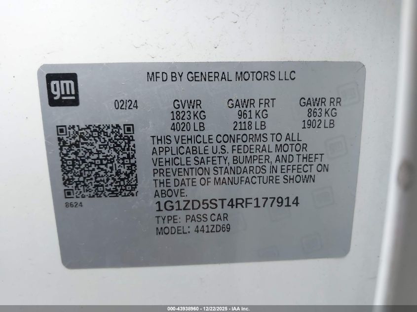 2024 Chevrolet Malibu Fwd 1Lt VIN: 1G1ZD5ST4RF177914 Lot: 43938960