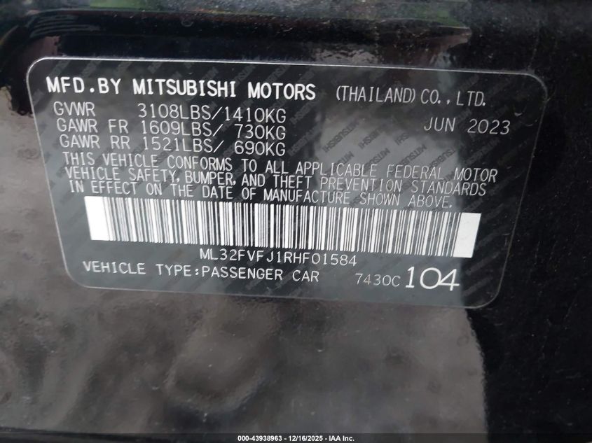 2024 Mitsubishi Mirage G4 Se VIN: ML32FVFJ1RHF01584 Lot: 43938963