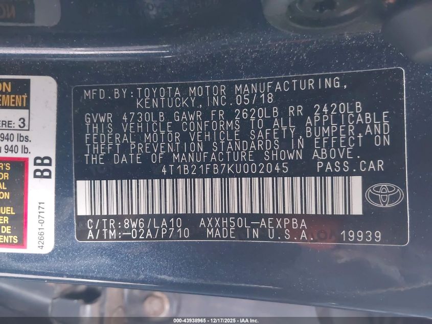 2019 Toyota Avalon Hybrid Limited VIN: 4T1B21FB7KU002045 Lot: 43938965