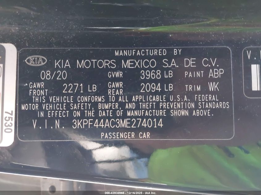 2021 Kia Forte Gt VIN: 3KPF44AC3ME274014 Lot: 43938966