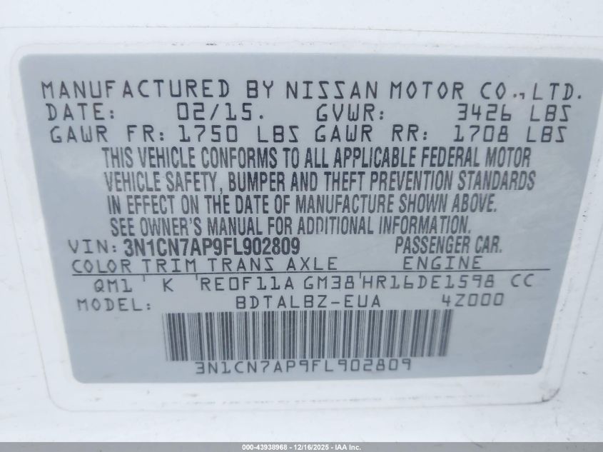 2015 Nissan Versa 1.6 Sv VIN: 3N1CN7AP9FL902809 Lot: 43938968