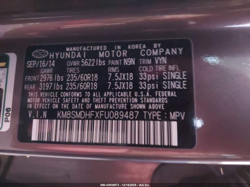 2015 Hyundai Santa Fe Gls VIN: KM8SMDHFXFU089487 Lot: 43938973