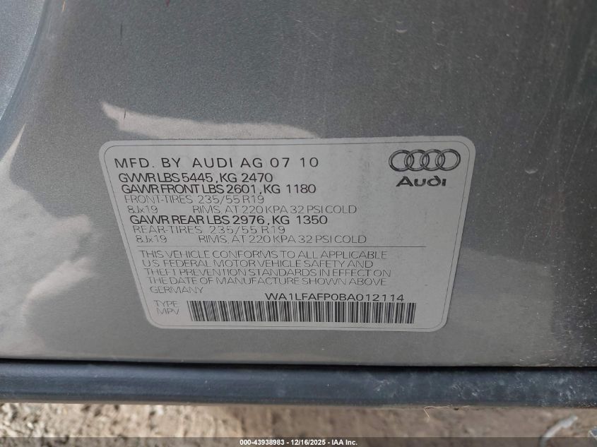 2011 Audi Q5 2.0T Premium VIN: WA1LFAFP0BA012114 Lot: 43938983