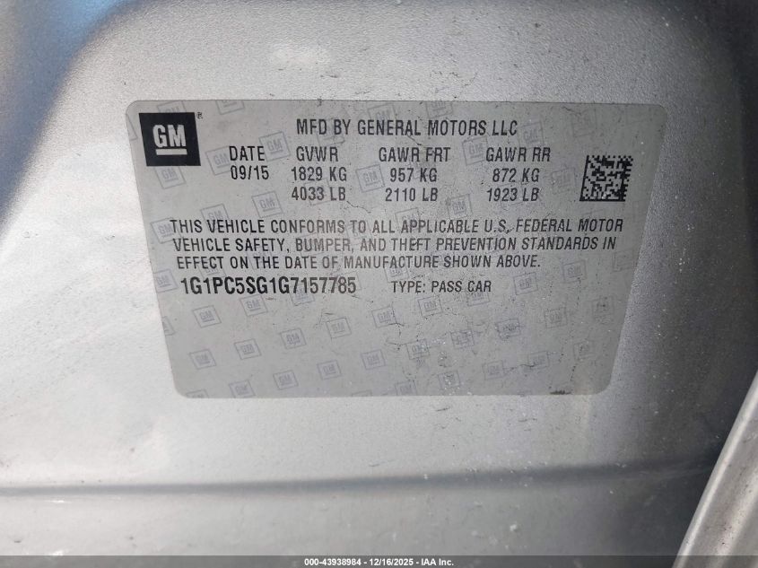 2016 Chevrolet Cruze Limited Ls Auto VIN: 1G1PC5SG1G7157785 Lot: 43938984