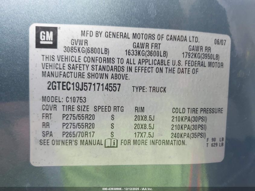 2007 GMC Sierra 1500 Sle1 VIN: 2GTEC19J571714557 Lot: 43938986