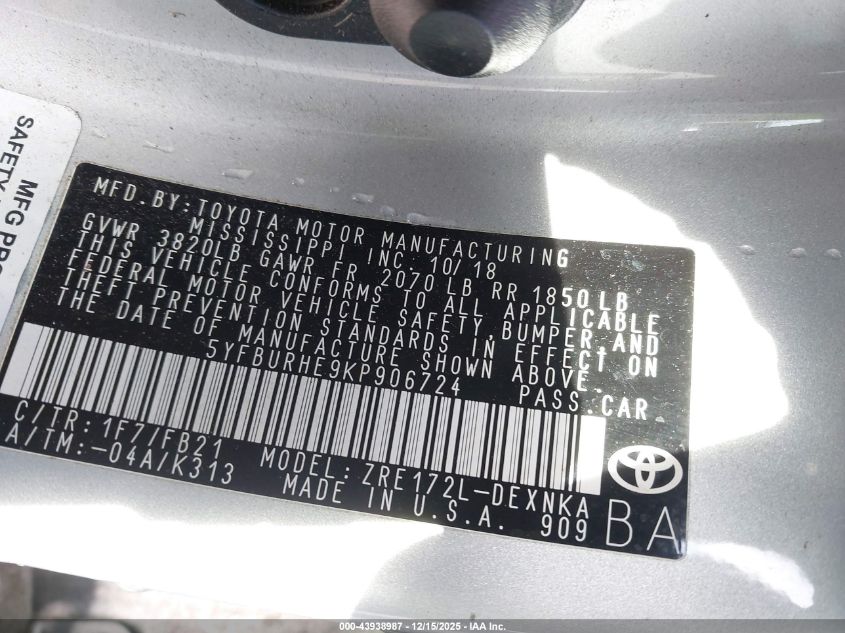 2019 Toyota Corolla Le VIN: 5YFBURHE9KP906724 Lot: 43938987