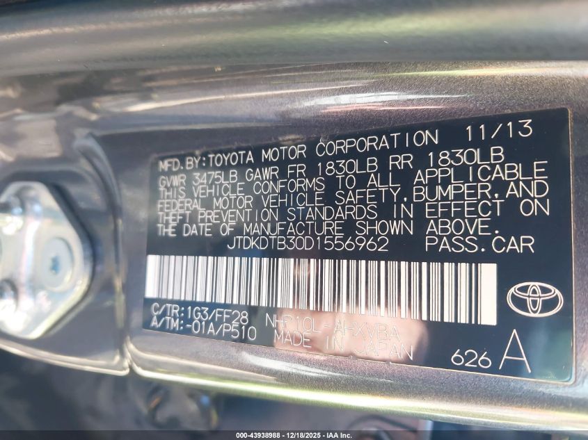 2013 Toyota Prius C Two VIN: JTDKDTB30D1556962 Lot: 43938988