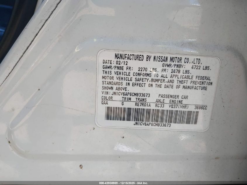 2012 Infiniti G37 Journey VIN: JN1CV6AP6CM933673 Lot: 43938989