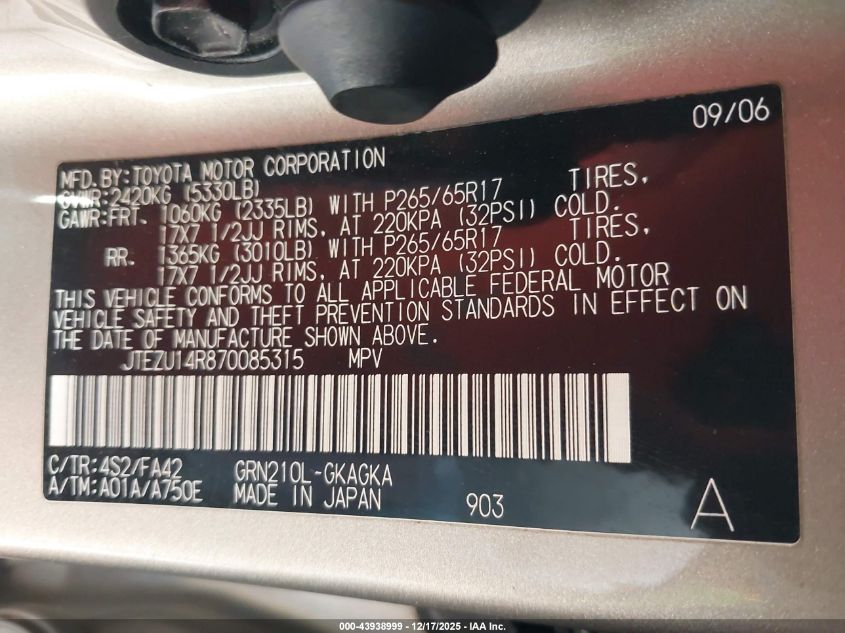 2007 Toyota 4Runner Sr5 V6 VIN: JTEZU14R870085315 Lot: 43938999