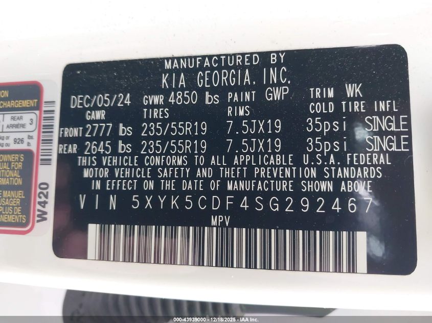 2025 Kia Sportage Sx-Prestige VIN: 5XYK5CDF4SG292467 Lot: 43939000