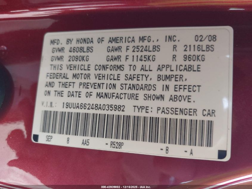 2008 Acura Tl 3.2 VIN: 19UUA66248A035982 Lot: 43939002