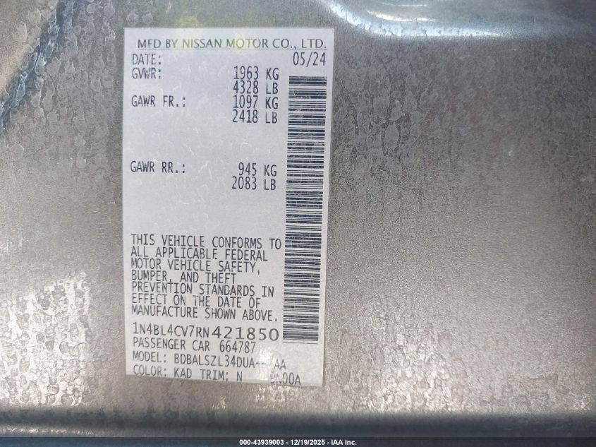 2024 Nissan Altima Sr Fwd VIN: 1N4BL4CV7RN421850 Lot: 43939003