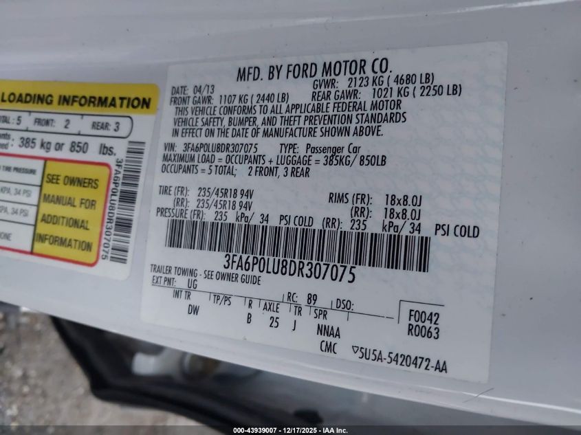 2013 Ford Fusion Hybrid Se VIN: 3FA6P0LU8DR307075 Lot: 43939007