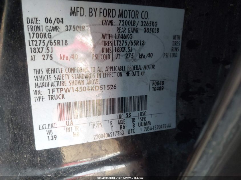 2004 Ford F-150 Fx4/Lariat/Xlt VIN: 1FTPW14504KD51526 Lot: 43939010