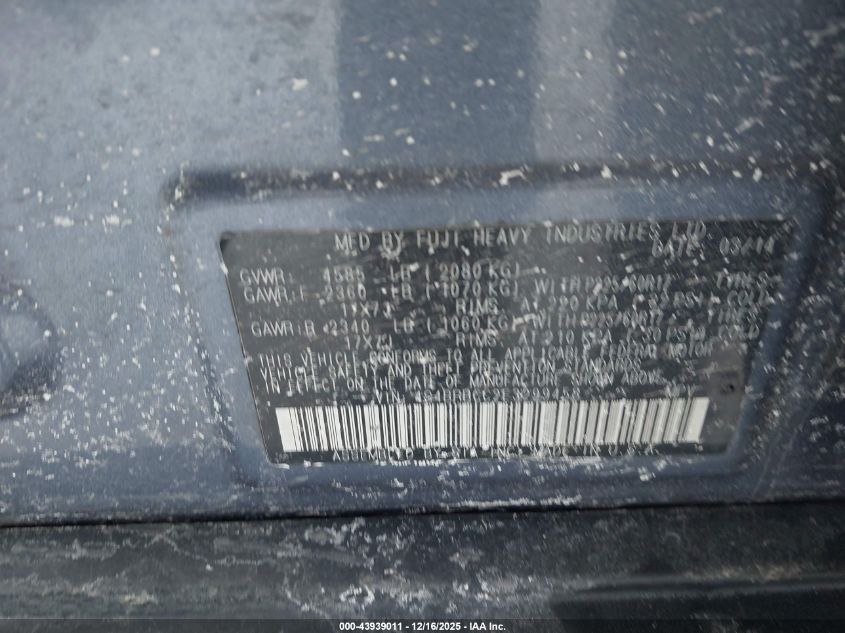 2014 Subaru Outback 2.5I Premium VIN: 4S4BRBCC2E3299458 Lot: 43939011