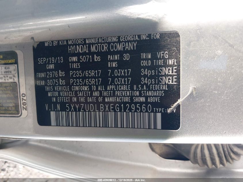 2014 Hyundai Santa Fe Sport 2.4L VIN: 5XYZUDLBXEG129560 Lot: 43939013