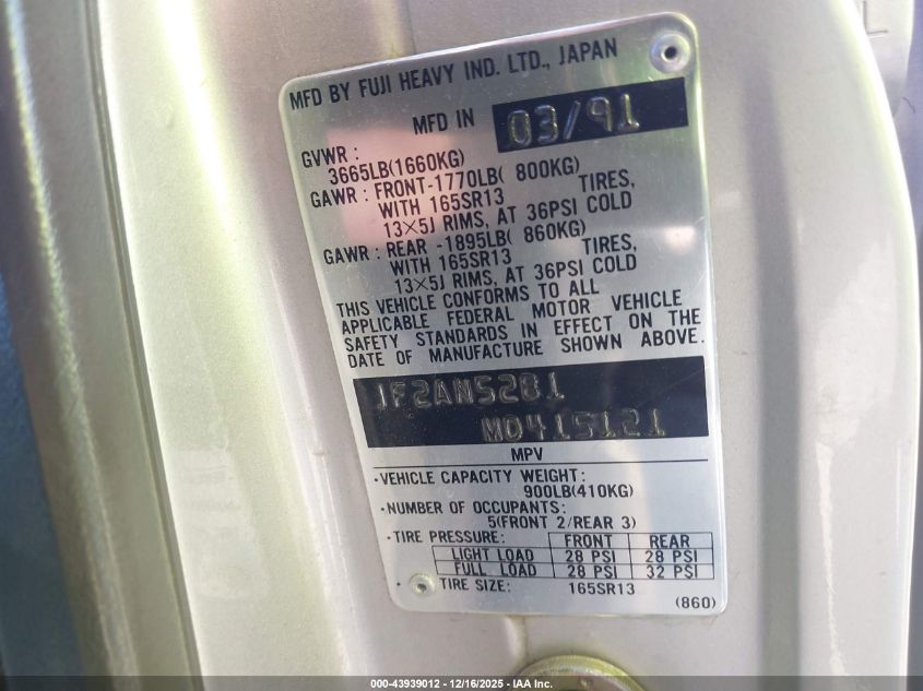 1991 Subaru Loyale VIN: JF2AN52B1MD415121 Lot: 43939012