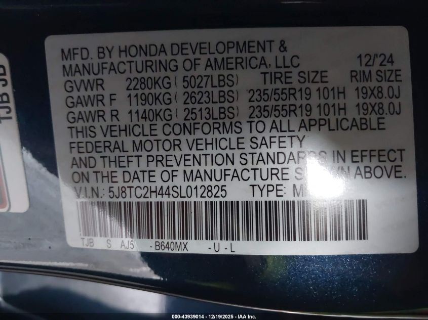2025 Acura Rdx Standard VIN: 5J8TC2H44SL012825 Lot: 43939014