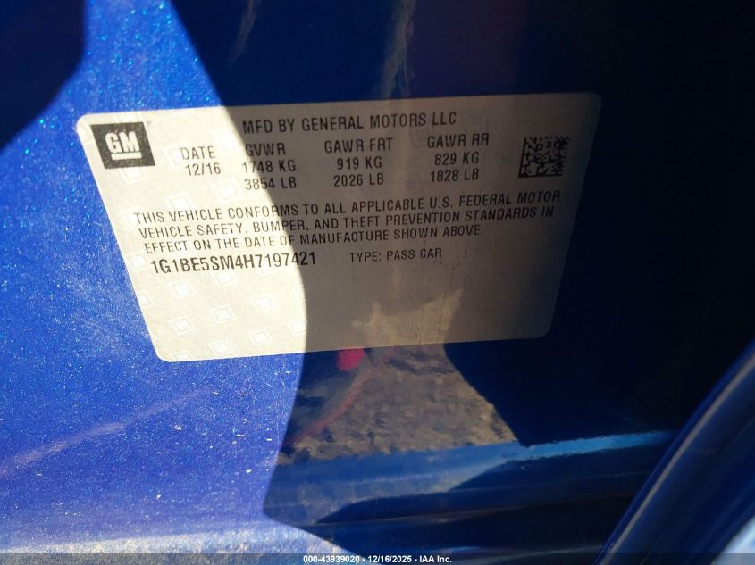 2017 Chevrolet Cruze Lt Auto VIN: 1G1BE5SM4H7197421 Lot: 43939020
