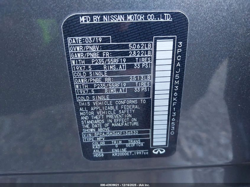 2019 Infiniti Qx50 Luxe VIN: 3PCAJ5M36KF136530 Lot: 43939021