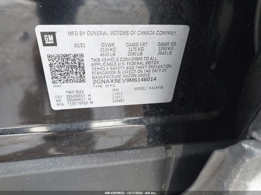 2021 Chevrolet Equinox Awd Ls VIN: 2GNAXSEV9M6146014 Lot: 43939022