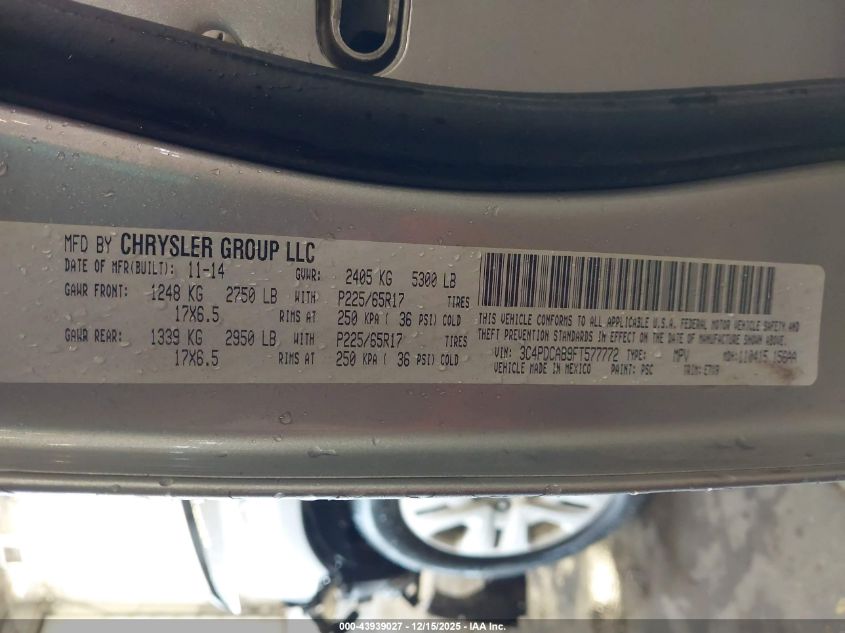 2015 Dodge Journey Se VIN: 3C4PDCAB9FT577772 Lot: 43939027