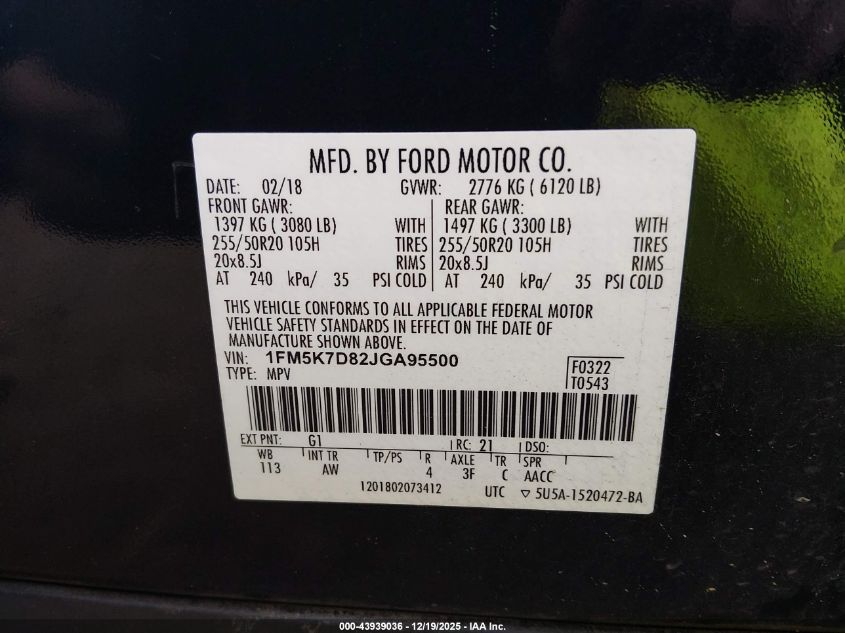 2018 Ford Explorer Xlt VIN: 1FM5K7D82JGA95500 Lot: 43939036