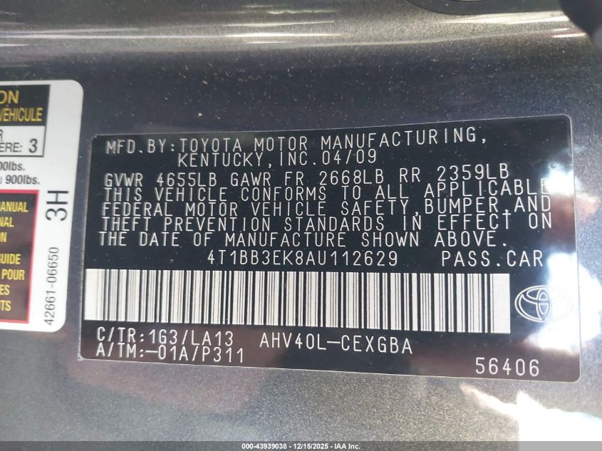 2010 Toyota Camry Hybrid VIN: 4T1BB3EK8AU112629 Lot: 43939038