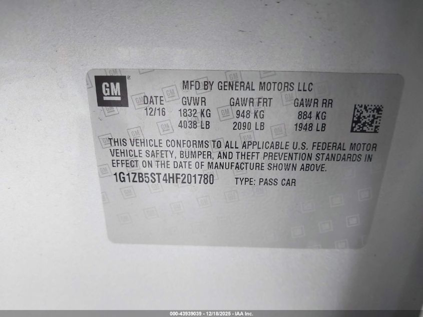 2017 Chevrolet Malibu Ls VIN: 1G1ZB5ST4HF201780 Lot: 43939039