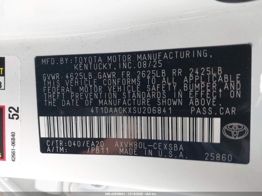 2025 Toyota Camry Se VIN: 4T1DAACKXSU206841 Lot: 43939041