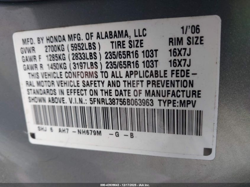 2006 Honda Odyssey Ex-L VIN: 5FNRL38756B063963 Lot: 43939043