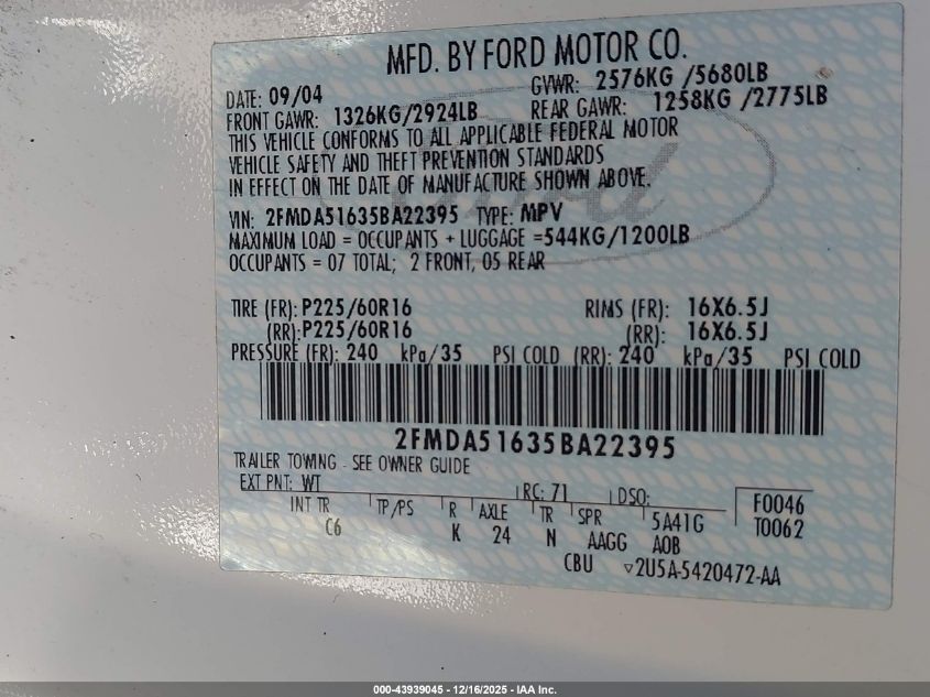 2005 Ford Freestar Se VIN: 2FMDA51635BA22395 Lot: 43939045