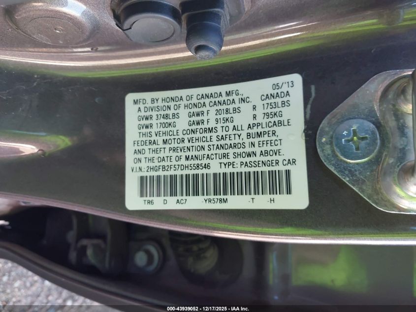 2013 Honda Civic Lx VIN: 2HGFB2F57DH558546 Lot: 43939052