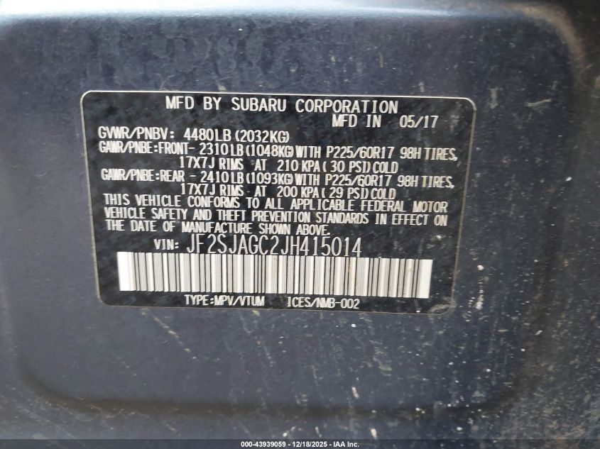2018 Subaru Forester 2.5I Premium VIN: JF2SJAGC2JH415014 Lot: 43939059