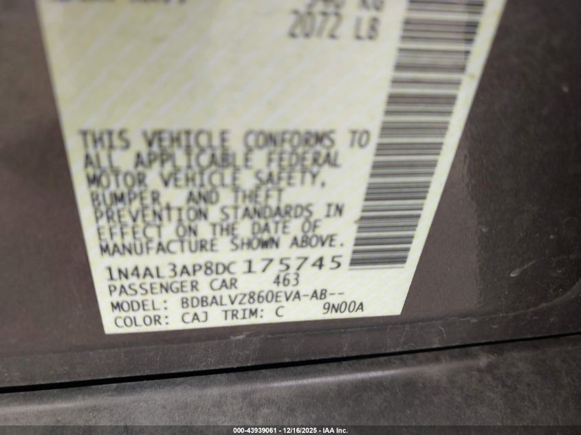 2013 Nissan Altima 2.5 Sl VIN: 1N4AL3AP8DC175745 Lot: 43939061