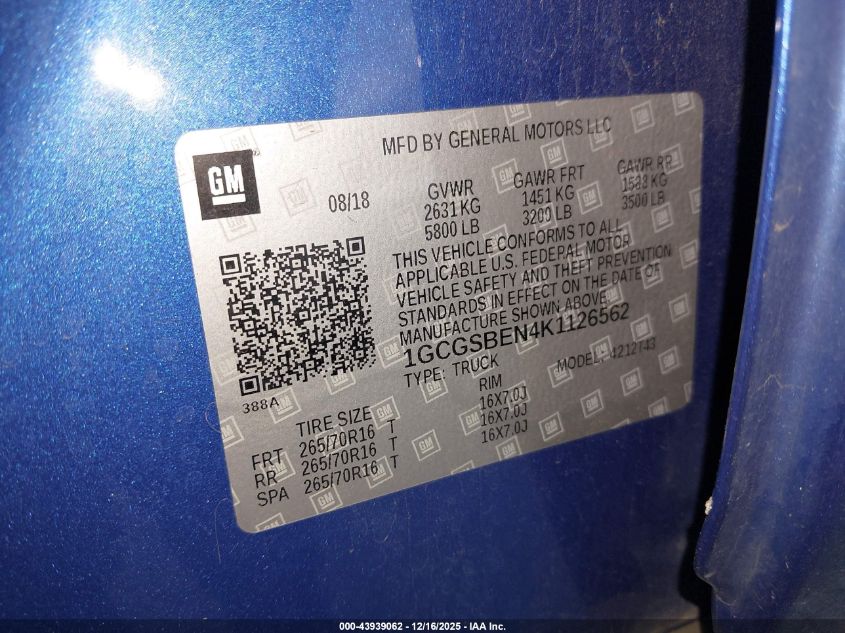 2019 Chevrolet Colorado Wt VIN: 1GCGSBEN4K1126562 Lot: 43939062