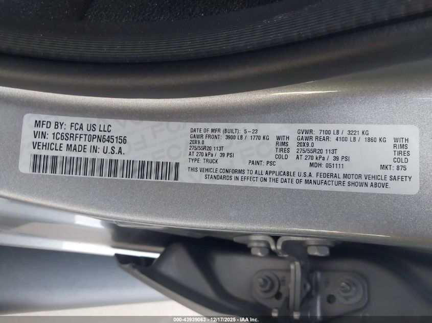2023 Ram 1500 Big Horn 4X4 5'7 Box VIN: 1C6SRFFT0PN645156 Lot: 43939063