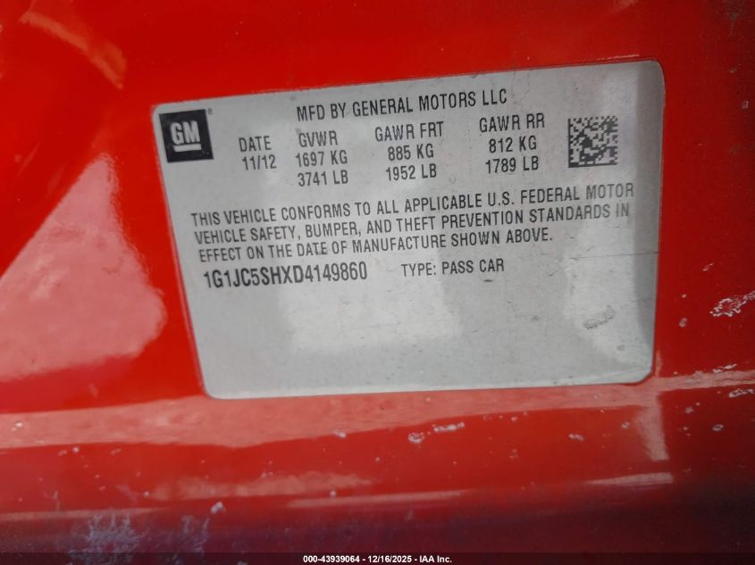 2013 Chevrolet Sonic Lt Auto VIN: 1G1JC5SHXD4149860 Lot: 43939064