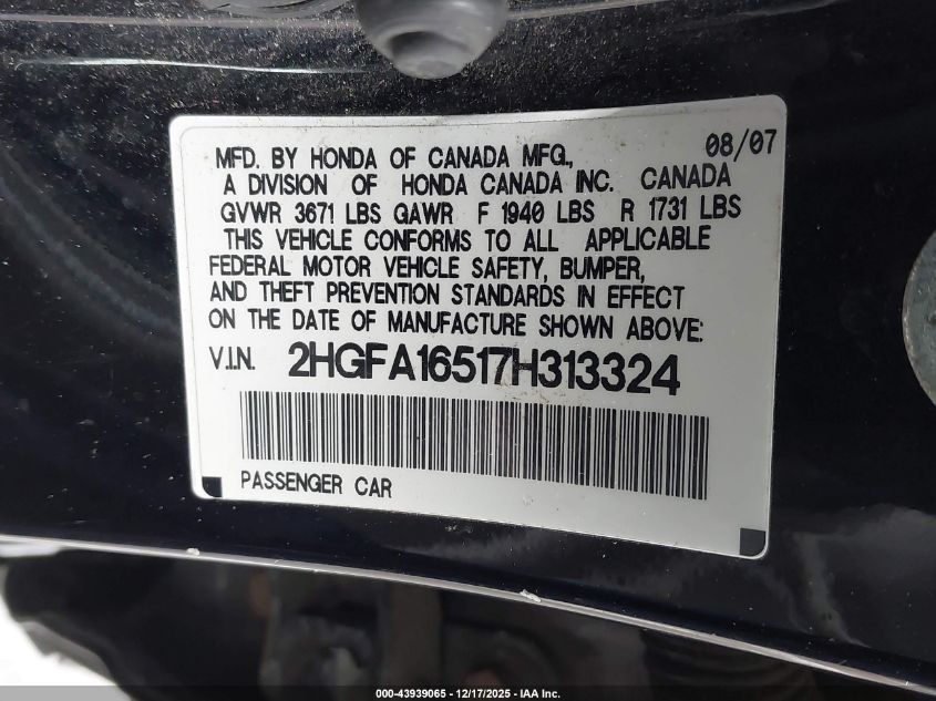 2007 Honda Civic Lx VIN: 2HGFA16517H313324 Lot: 43939065