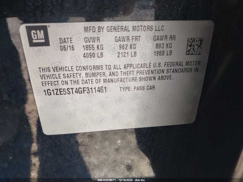 2016 Chevrolet Malibu 1Lt VIN: 1G1ZE5ST4GF311461 Lot: 43939071