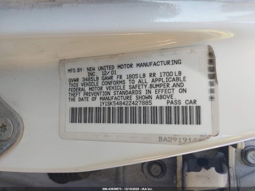 2002 Chevrolet Prizm Lsi VIN: 1Y1SK54842Z427885 Lot: 43939073