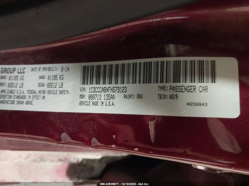 2015 Chrysler 200 Limited VIN: 1C3CCCABXFN573123 Lot: 43939077