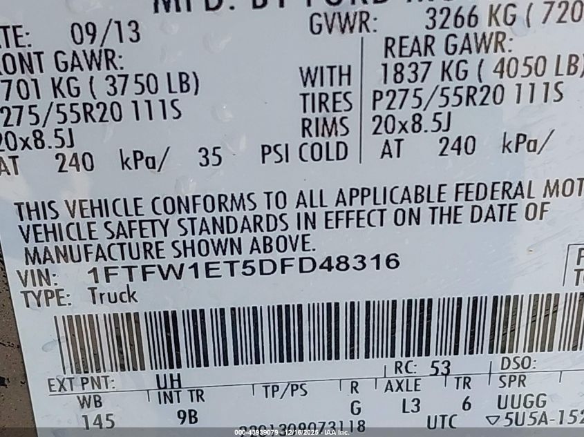 2013 Ford F-150 Platinum VIN: 1FTFW1ET5DFD48316 Lot: 43939079