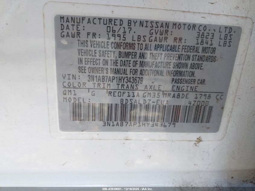 2017 Nissan Sentra Sv VIN: 3N1AB7AP1HY343679 Lot: 43939081