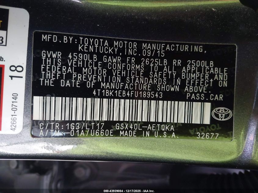 2015 Toyota Avalon Xle Touring VIN: 4T1BK1EB4FU189543 Lot: 43939084