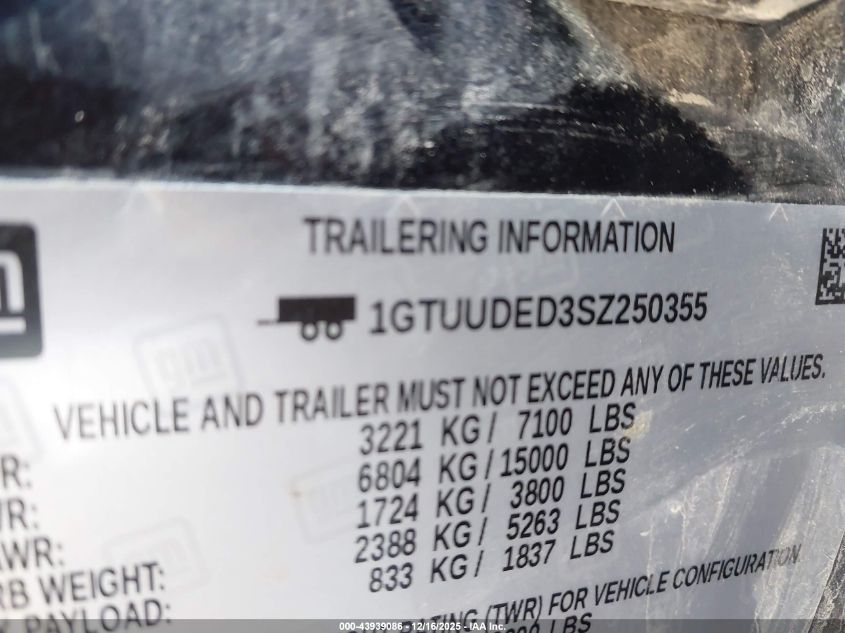 2025 GMC Sierra 1500 4Wd Short Box Slt VIN: 1GTUUDED3SZ250355 Lot: 43939086