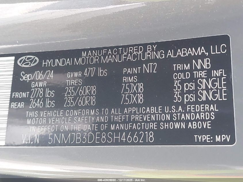 2025 Hyundai Tucson Sel VIN: 5NMJB3DE8SH466218 Lot: 43939088